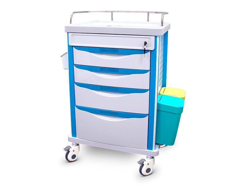 4-Drawer Medication Trolley with Lockable Drawers, Waste Bins and Side Basket