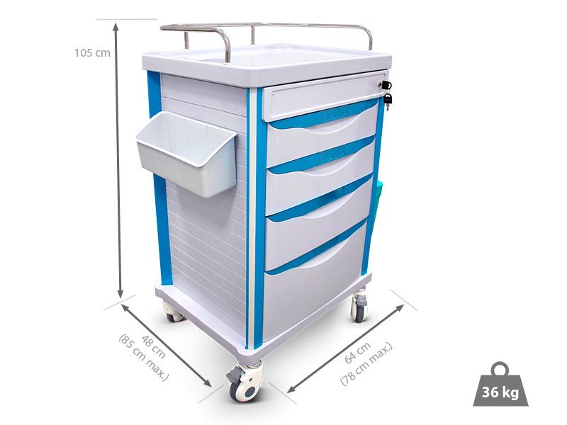 4-Drawer Medication Trolley with Lockable Drawers, Waste Bins and Side Basket