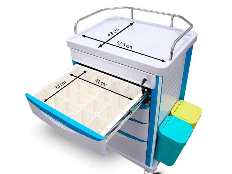 4-Drawer Medication Trolley with Lockable Drawers, Waste Bins and Side Basket